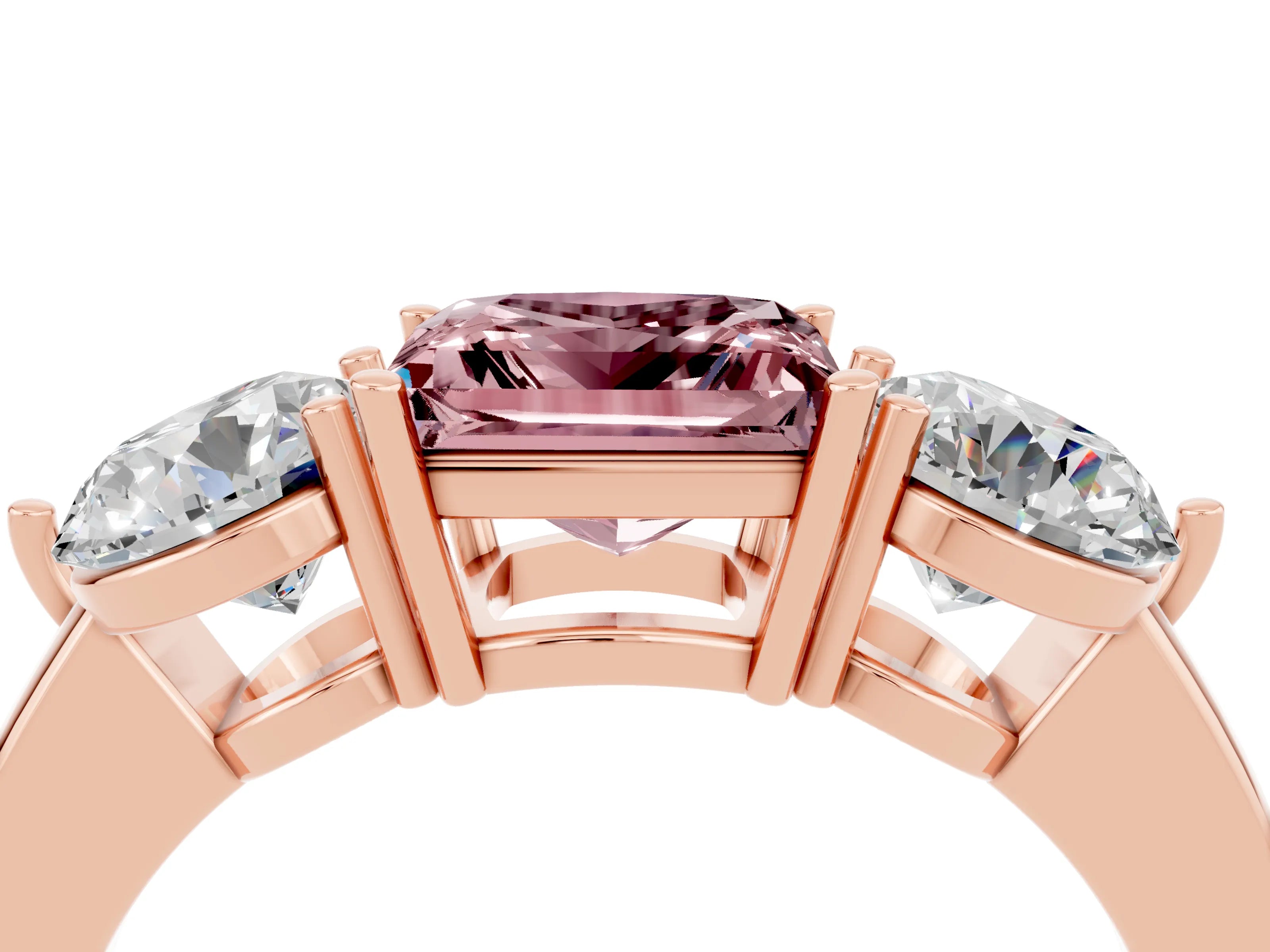 Rose gold Princess Cut Morganite Three-Stone Ring with Prong Setting and Classic Band_4