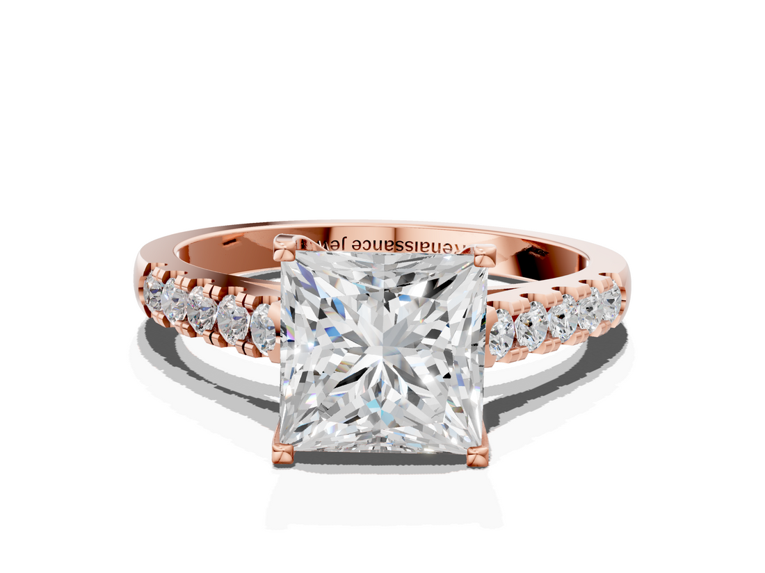 Rose gold Princess Cut Pavé Band Solitaire Ring with Four-Prong Setting_165