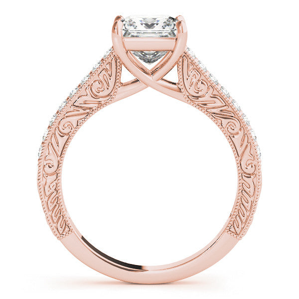 Rose gold Princess Cut Pave Band Milgrain Solitaire Ring 1