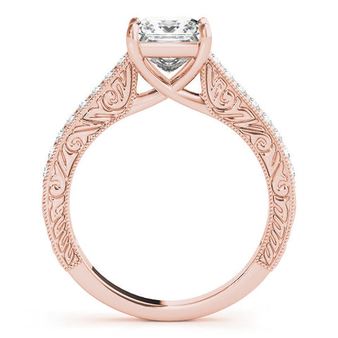 Rose gold Princess Cut Pave Band Milgrain Solitaire Ring 1
