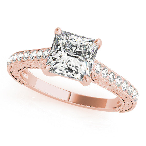 Rose gold Princess Cut Pave Band Milgrain Solitaire Ring 2