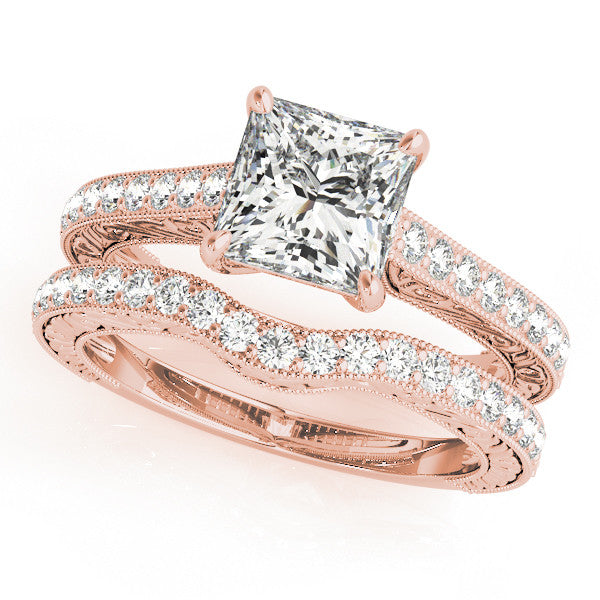 Rose gold Princess Cut Pave Band Milgrain Solitaire Ring
