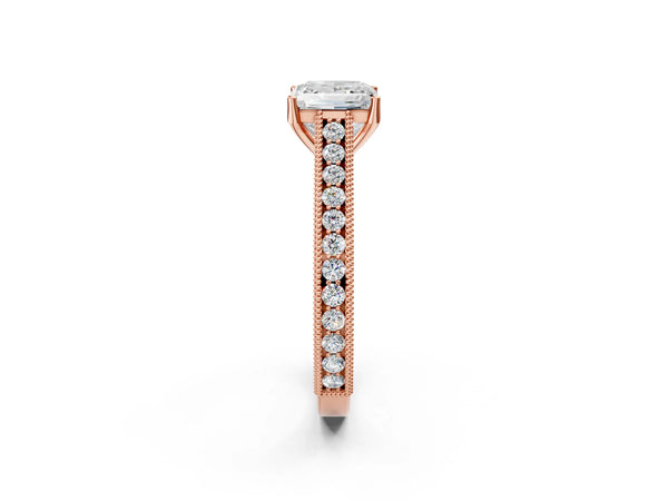 Rose Gold Princess Cut Vintage Solitaire Engagement Ring Setting with Engraved Milgrain Pave Band