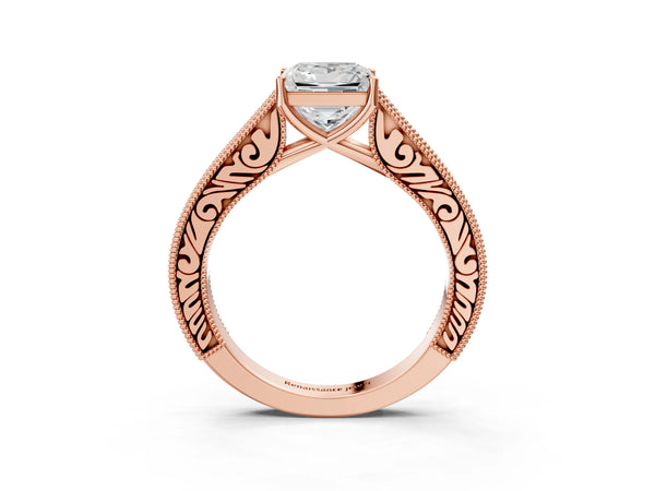 Rose Gold Princess Cut Vintage Solitaire Engagement Ring Setting with Engraved Milgrain Pave Band
