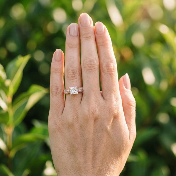 Rose gold Princess Cut Pave Split Shank Engagement Ring with Four-Prong Setting