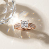 10K Rose Gold 2.43 Carat Blue SI1 Radiant Cut Pave Split Shank Engagement Ring with Four-Prong Setting