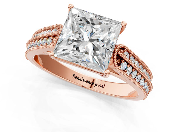 Rose gold Princess Cut Pave Split Shank Engagement Ring with Four-Prong Setting