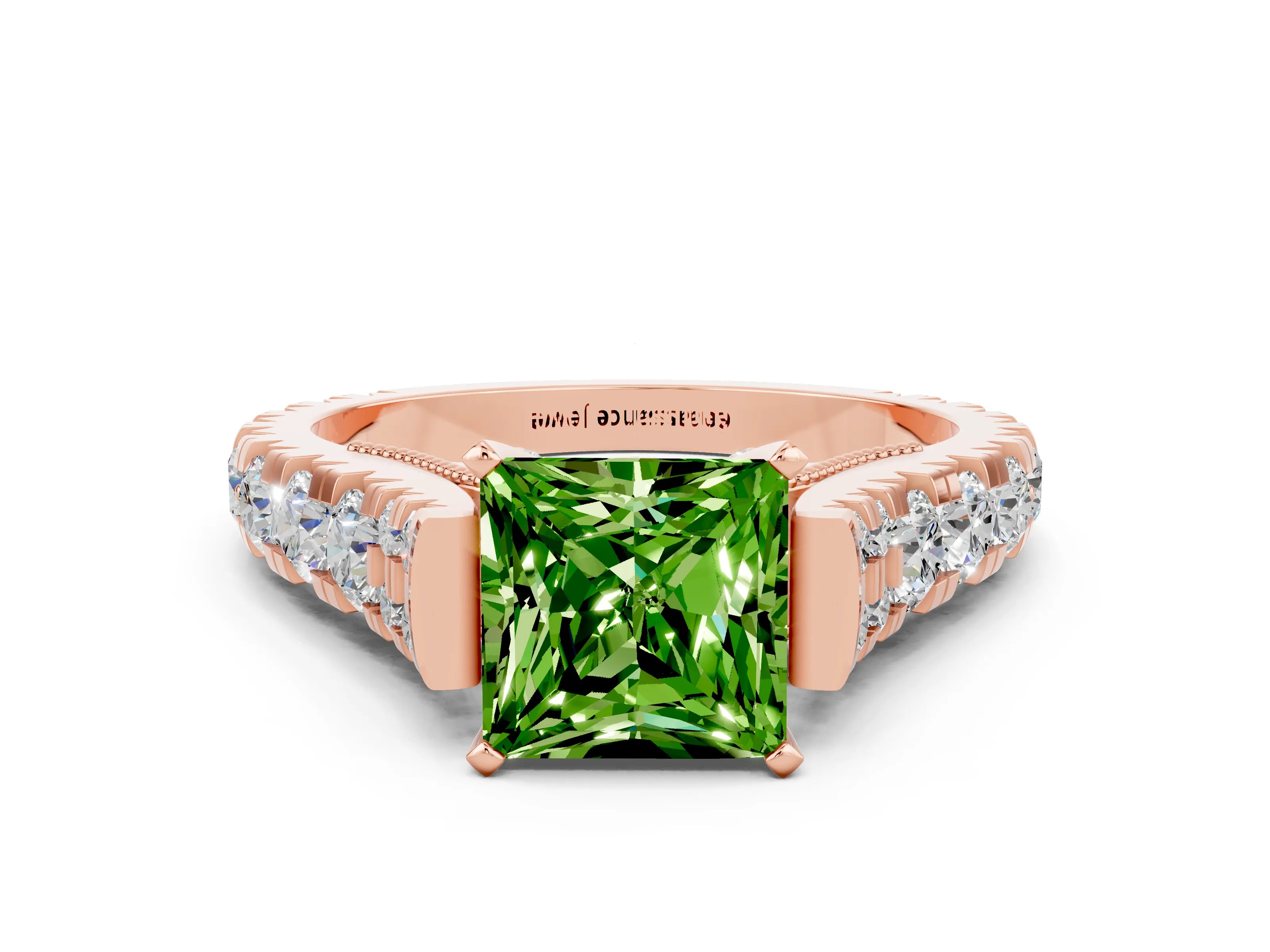 Rose gold Princess Cut Peridot Classic Solitaire Ring with Pavé Band and Four-Prong Setting