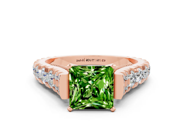Rose gold Princess Cut Peridot Classic Solitaire Ring with Pavé Band and Four-Prong Setting