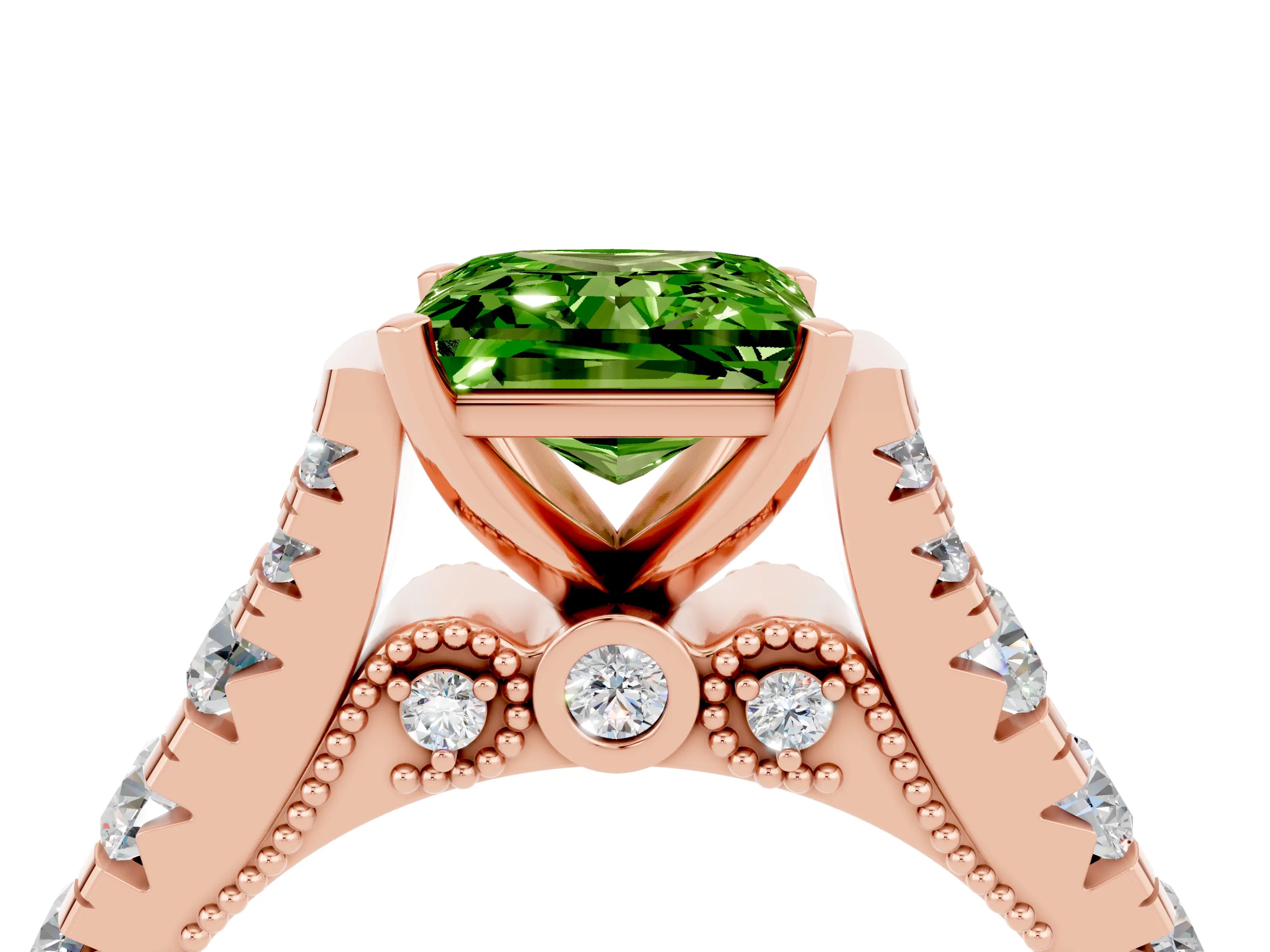 Rose gold Princess Cut Peridot Classic Solitaire Ring with Pavé Band and Four-Prong Setting_4