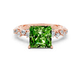 Rose gold Princess Cut Peridot Cluster Side Stone Solitaire Ring with Prong Setting_24