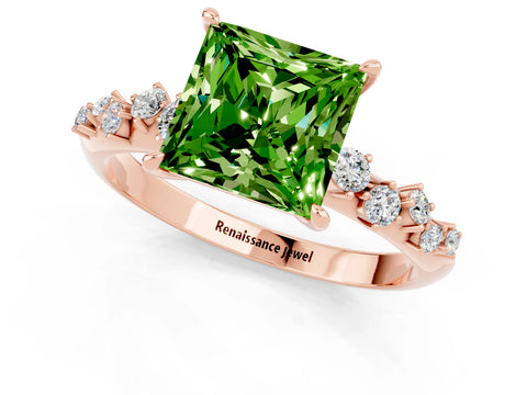 Rose gold Princess Cut Peridot Cluster Side Stone Solitaire Ring with Prong Setting_25