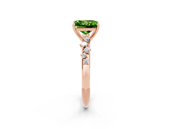 Rose gold Princess Cut Peridot Cluster Side Stone Solitaire Ring with Prong Setting