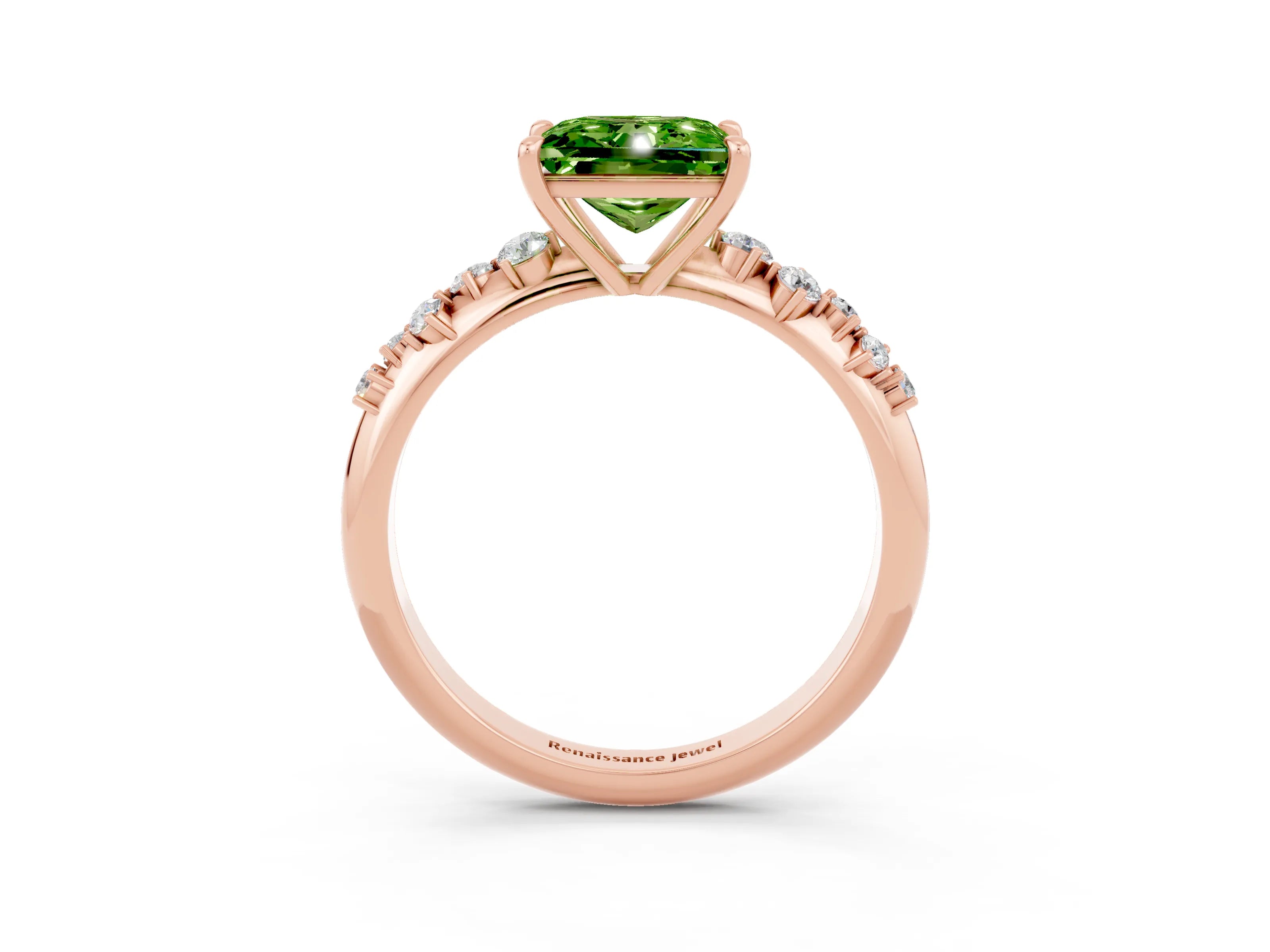 Rose gold Princess Cut Peridot Cluster Side Stone Solitaire Ring with Prong Setting_27