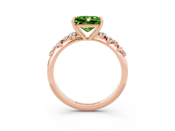 Rose gold Princess Cut Peridot Cluster Side Stone Solitaire Ring with Prong Setting