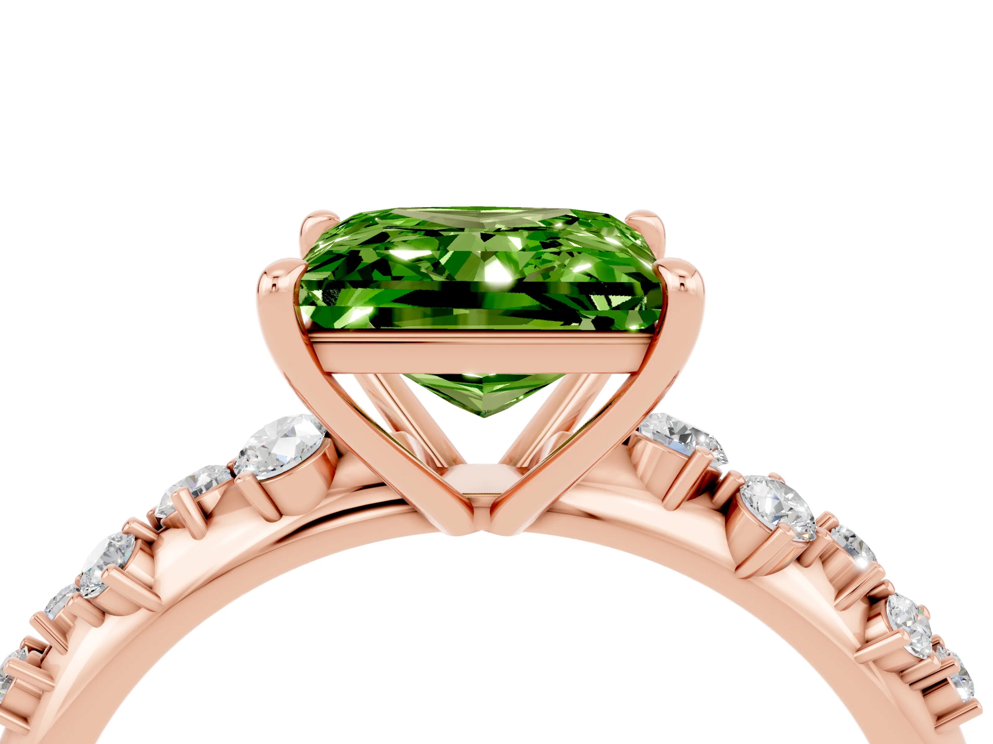 Rose gold Princess Cut Peridot Cluster Side Stone Solitaire Ring with Prong Setting_28
