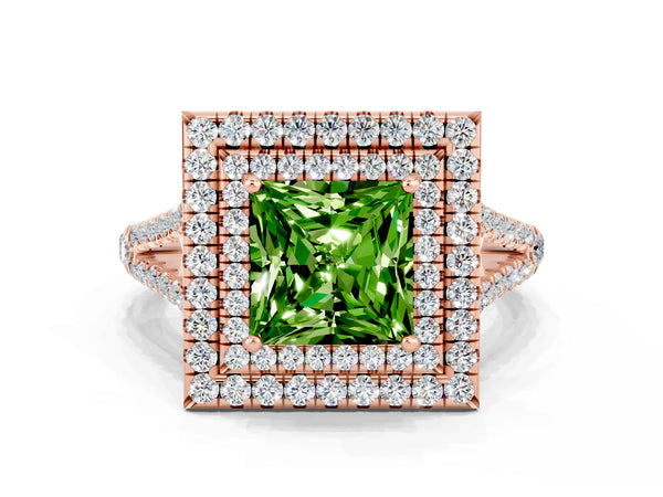 Rose gold Princess Cut Peridot Double Halo Ring with Pavé Band and Prong Setting