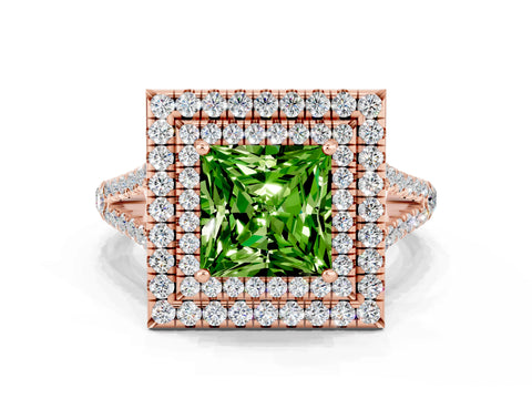Rose gold Princess Cut Peridot Double Halo Ring with Pavé Band and Prong Setting_12