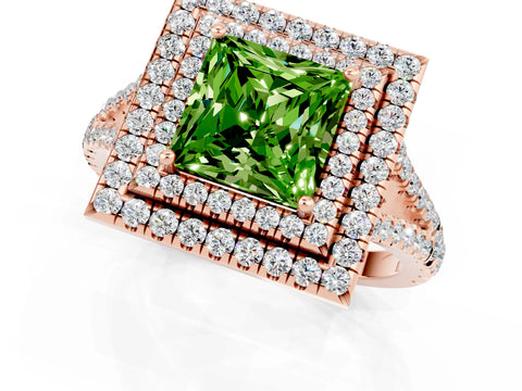 Rose gold Princess Cut Peridot Double Halo Ring with Pavé Band and Prong Setting_13