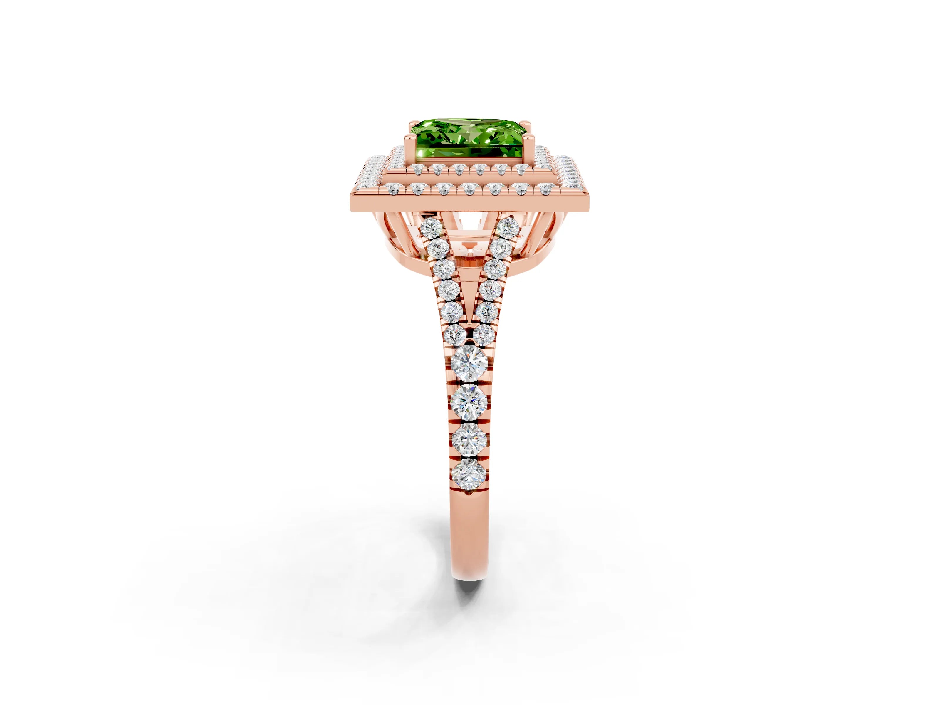 Rose gold Princess Cut Peridot Double Halo Ring with Pavé Band and Prong Setting_14