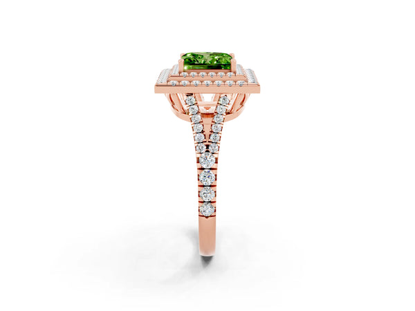 Rose gold Princess Cut Peridot Double Halo Ring with Pavé Band and Prong Setting