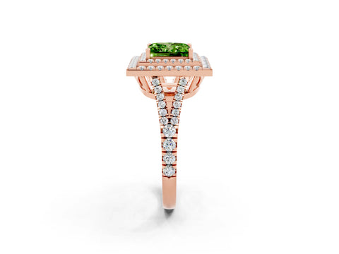 Rose gold Princess Cut Peridot Double Halo Ring with Pavé Band and Prong Setting_14