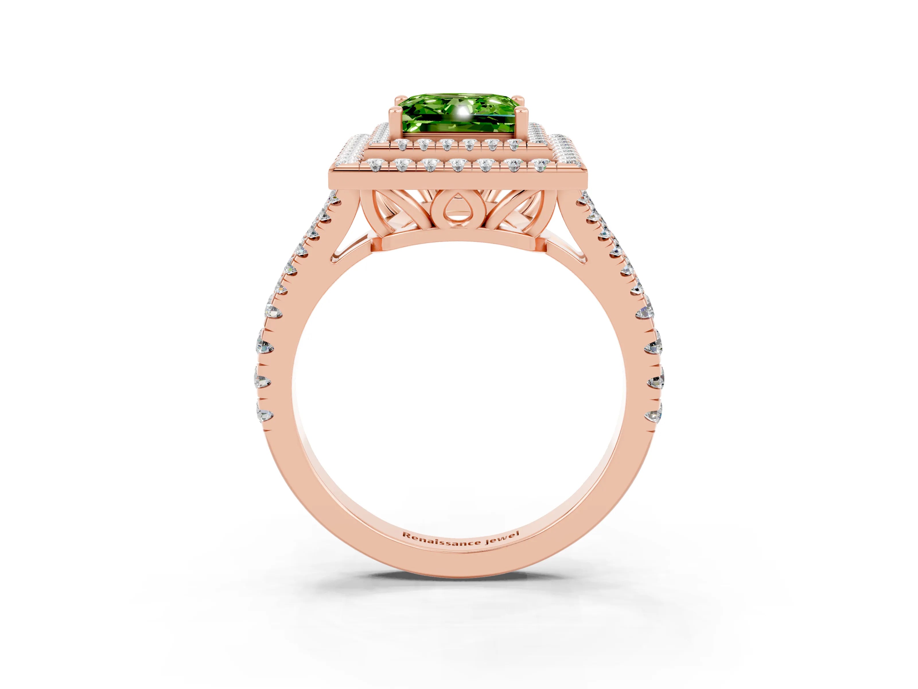 Rose gold Princess Cut Peridot Double Halo Ring with Pavé Band and Prong Setting_15