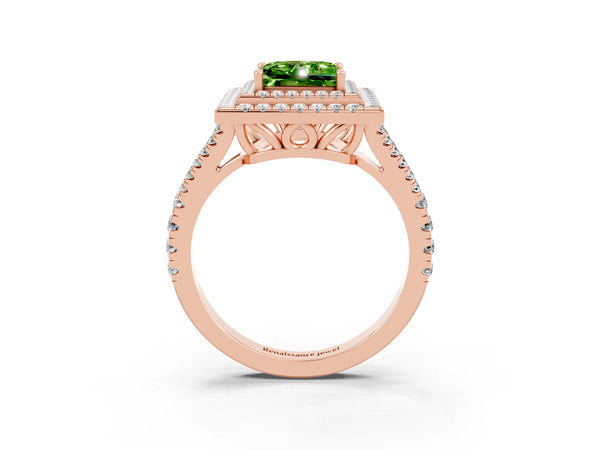 Rose gold Princess Cut Peridot Double Halo Ring with Pavé Band and Prong Setting