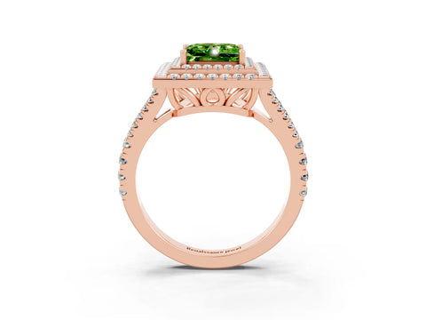 Rose gold Princess Cut Peridot Double Halo Ring with Pavé Band and Prong Setting_15