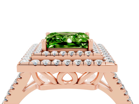 Rose gold Princess Cut Peridot Double Halo Ring with Pavé Band and Prong Setting_16