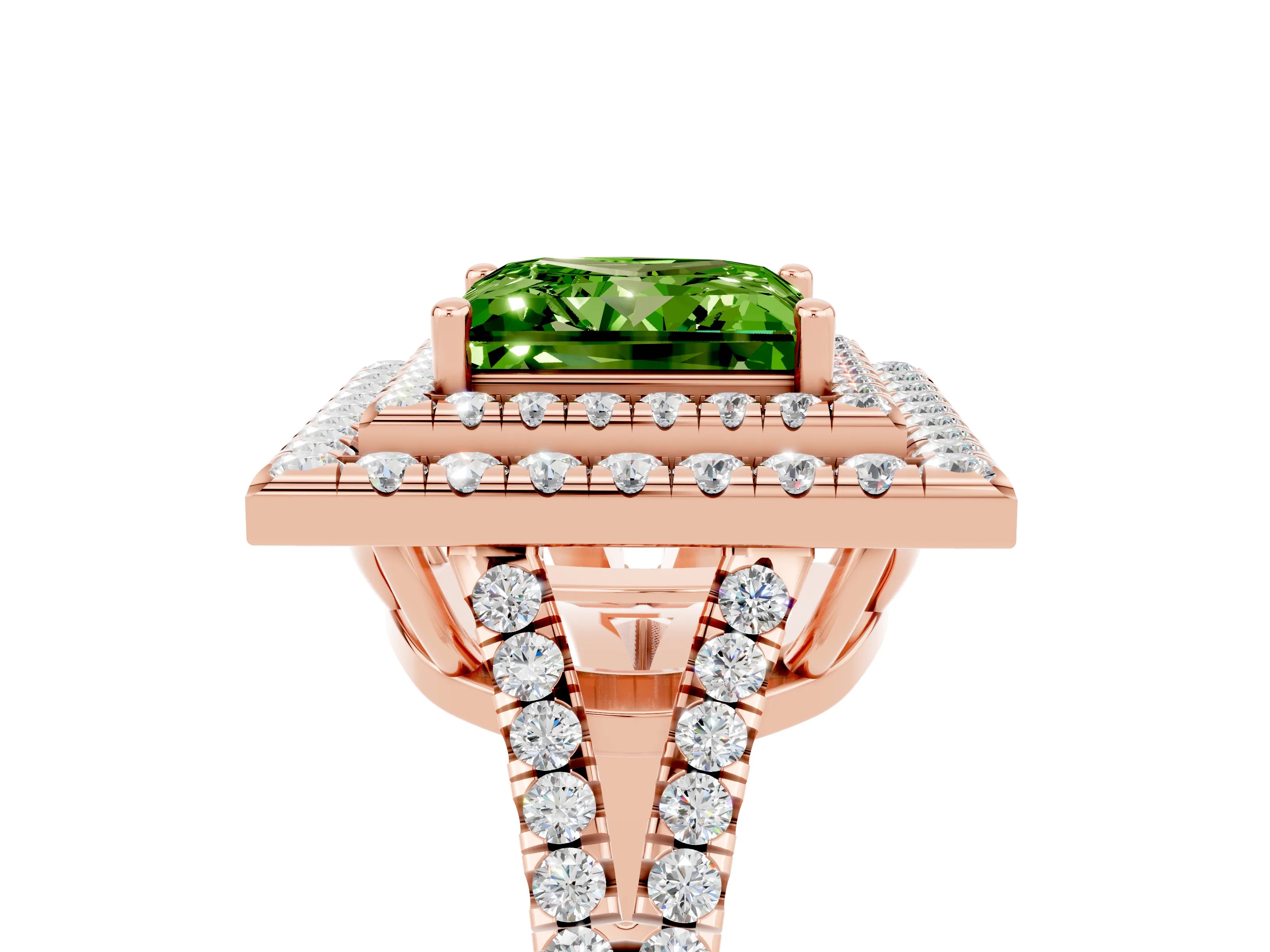 Rose gold Princess Cut Peridot Double Halo Ring with Pavé Band and Prong Setting_17