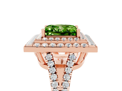 Rose gold Princess Cut Peridot Double Halo Ring with Pavé Band and Prong Setting_17