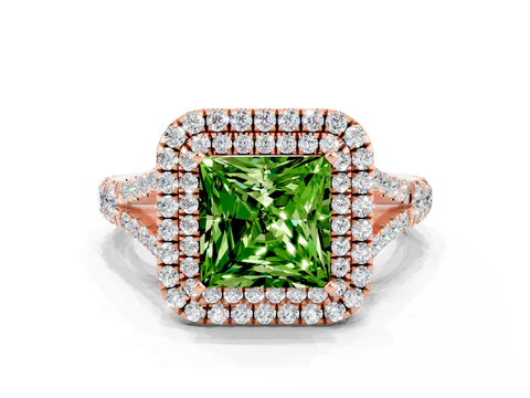 Rose gold Princess Cut Peridot Double Halo Ring with Split Shank and Prong Setting_12