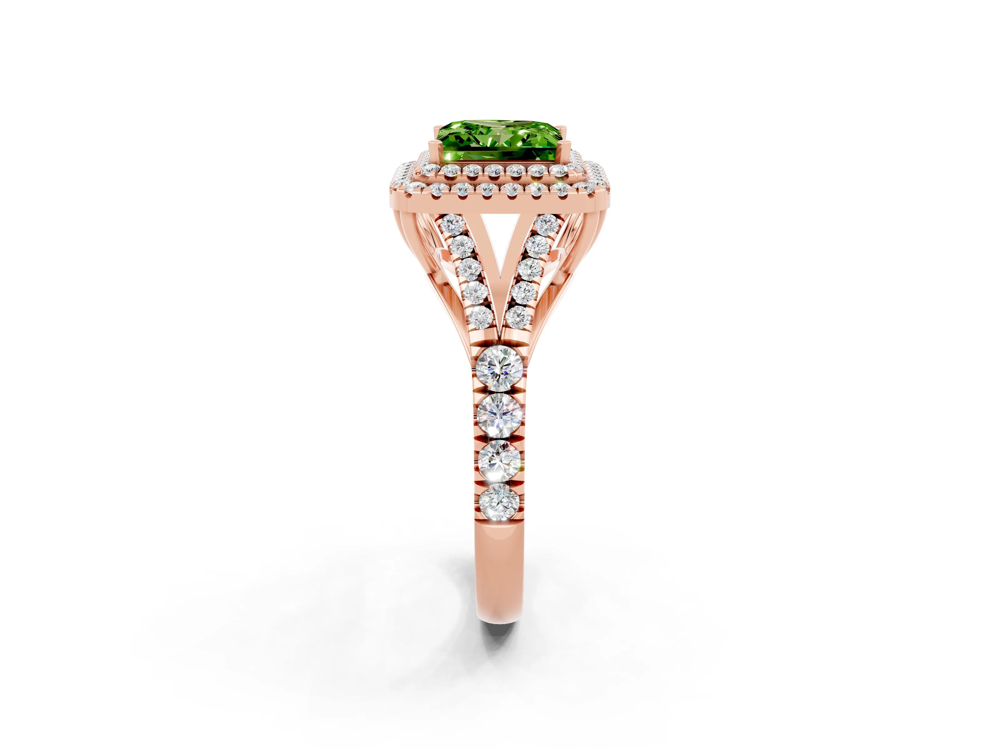Rose gold Princess Cut Peridot Double Halo Ring with Split Shank and Prong Setting_14