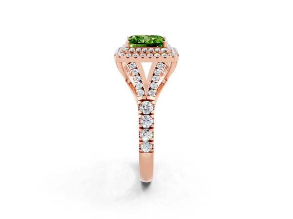Rose gold Princess Cut Peridot Double Halo Ring with Split Shank and Prong Setting