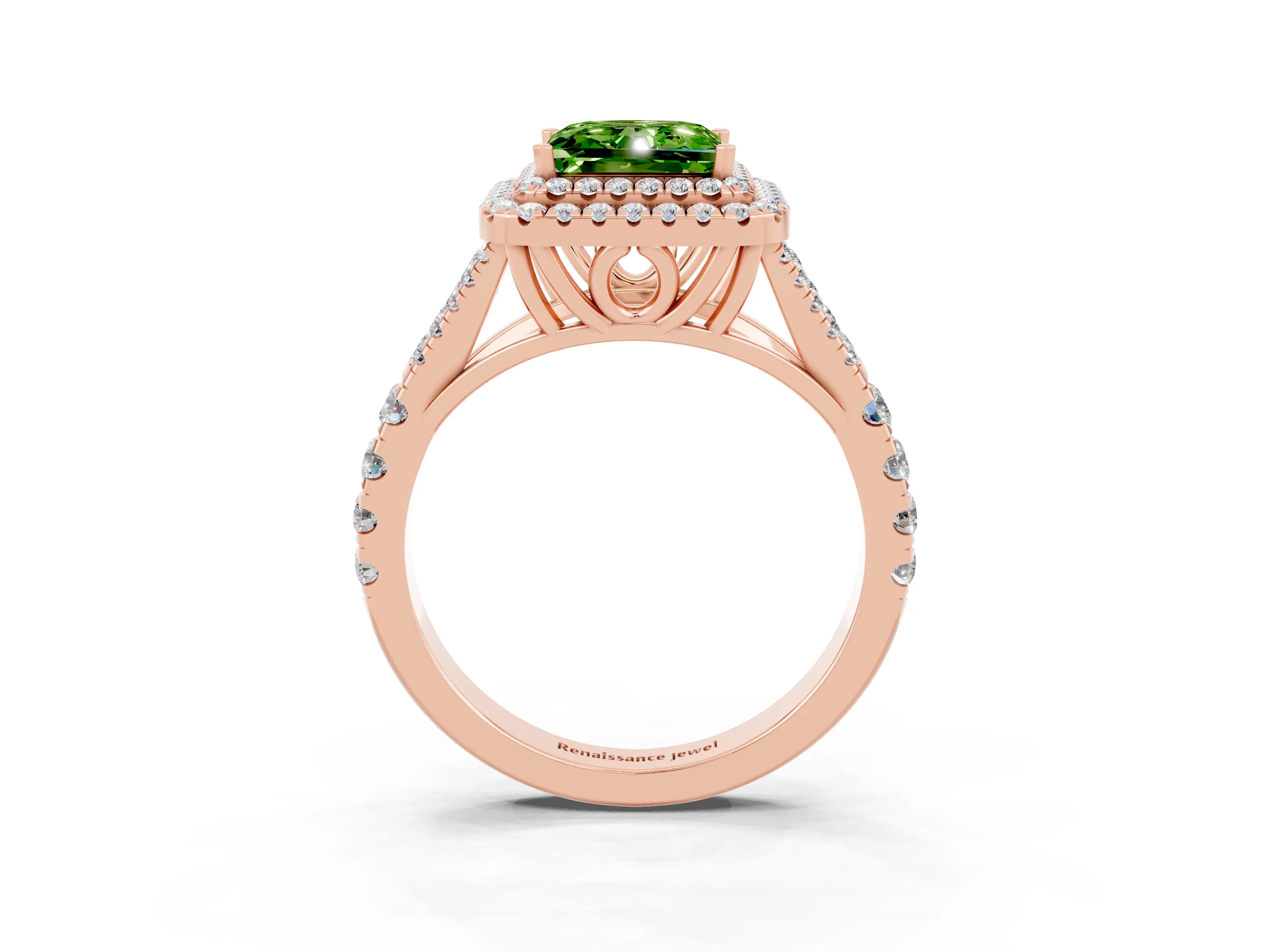 Rose gold Princess Cut Peridot Double Halo Ring with Split Shank and Prong Setting_15