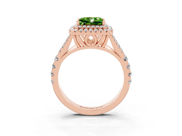 Rose gold Princess Cut Peridot Double Halo Ring with Split Shank and Prong Setting