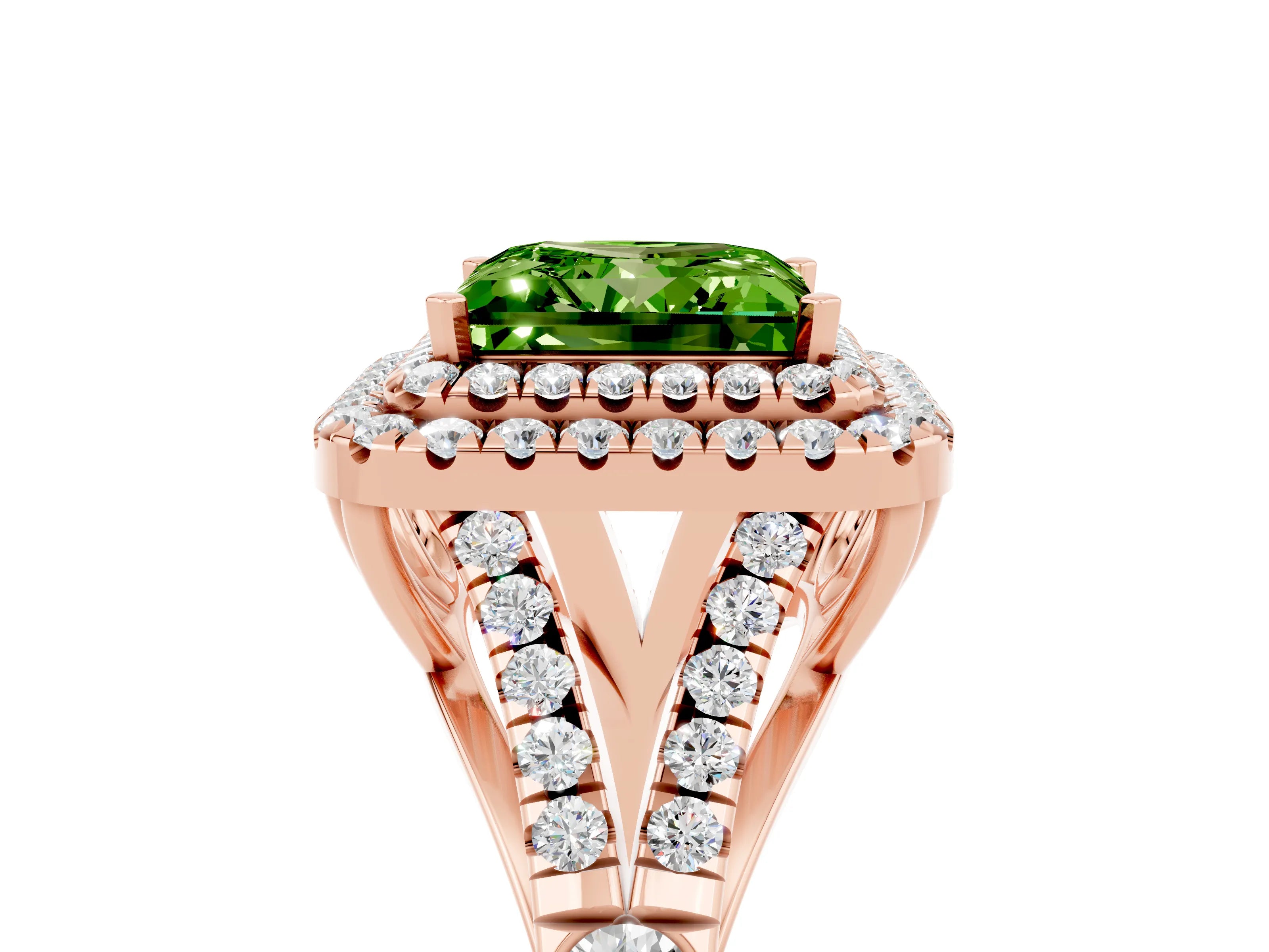 Rose gold Princess Cut Peridot Double Halo Ring with Split Shank and Prong Setting_17