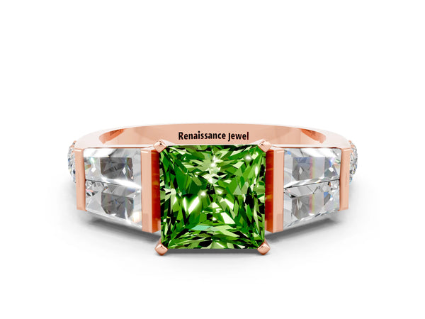 Rose gold Princess Cut Peridot Engagement Ring with Baguette Side Stones and Channel Set Band
