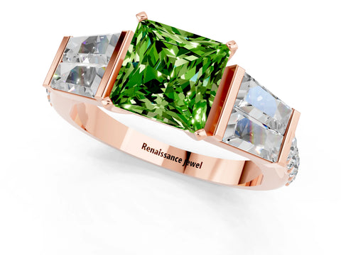 Rose gold Princess Cut Peridot Engagement Ring with Baguette Side Stones and Channel Set Band_1