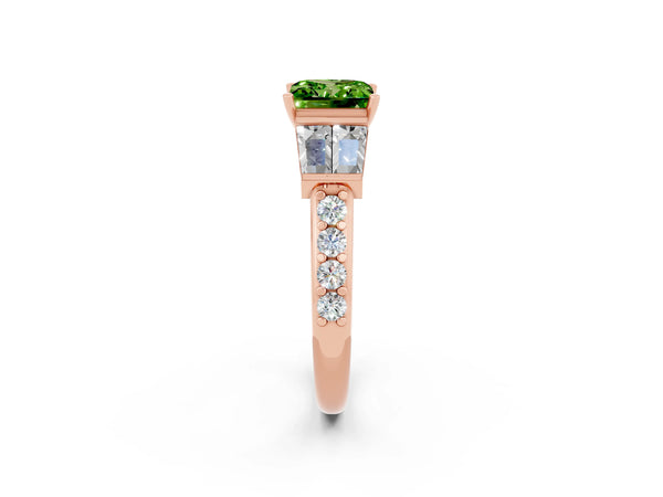 Rose gold Princess Cut Peridot Engagement Ring with Baguette Side Stones and Channel Set Band
