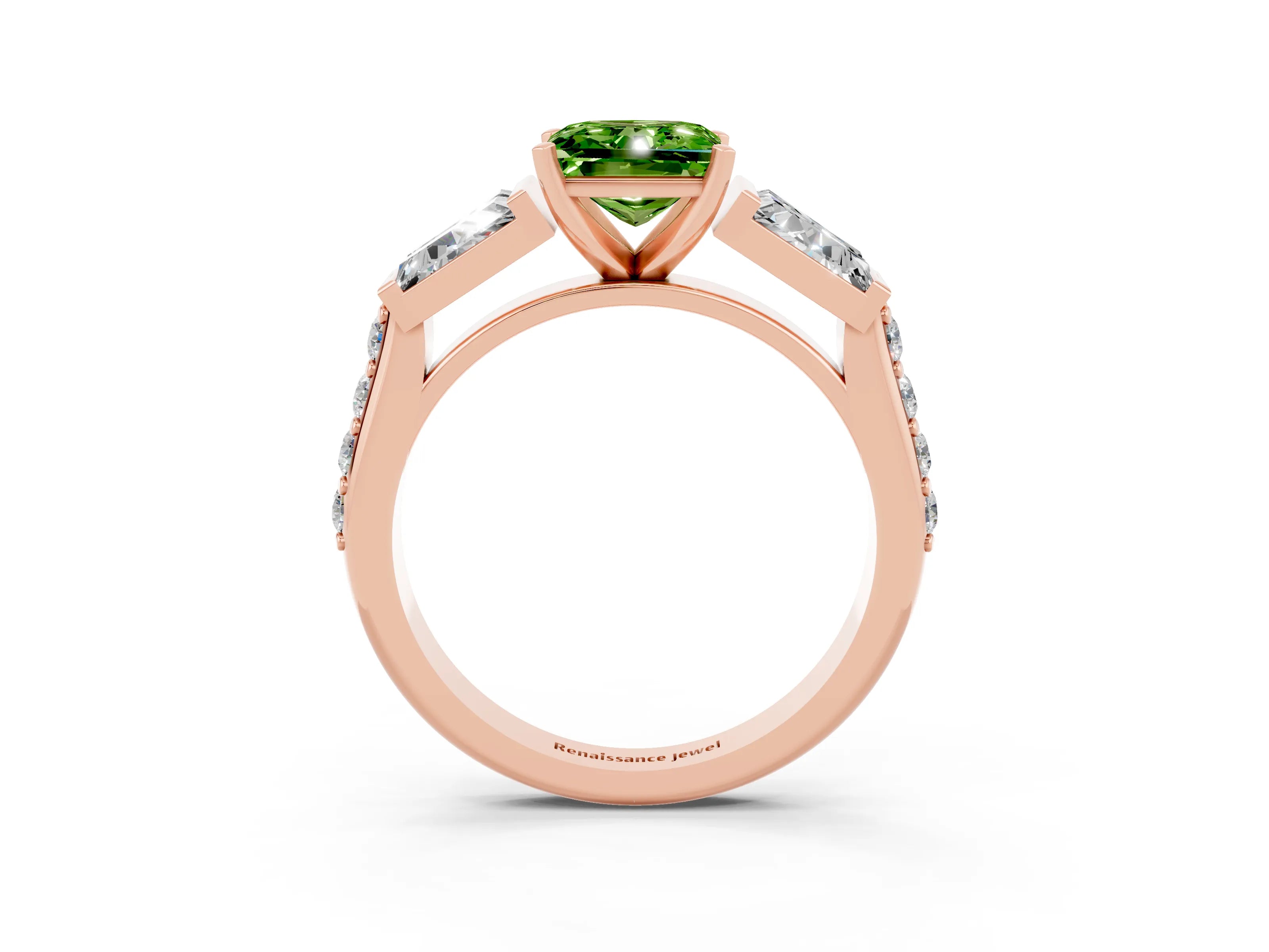 Rose gold Princess Cut Peridot Engagement Ring with Baguette Side Stones and Channel Set Band_3