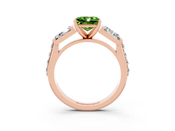 Rose gold Princess Cut Peridot Engagement Ring with Baguette Side Stones and Channel Set Band