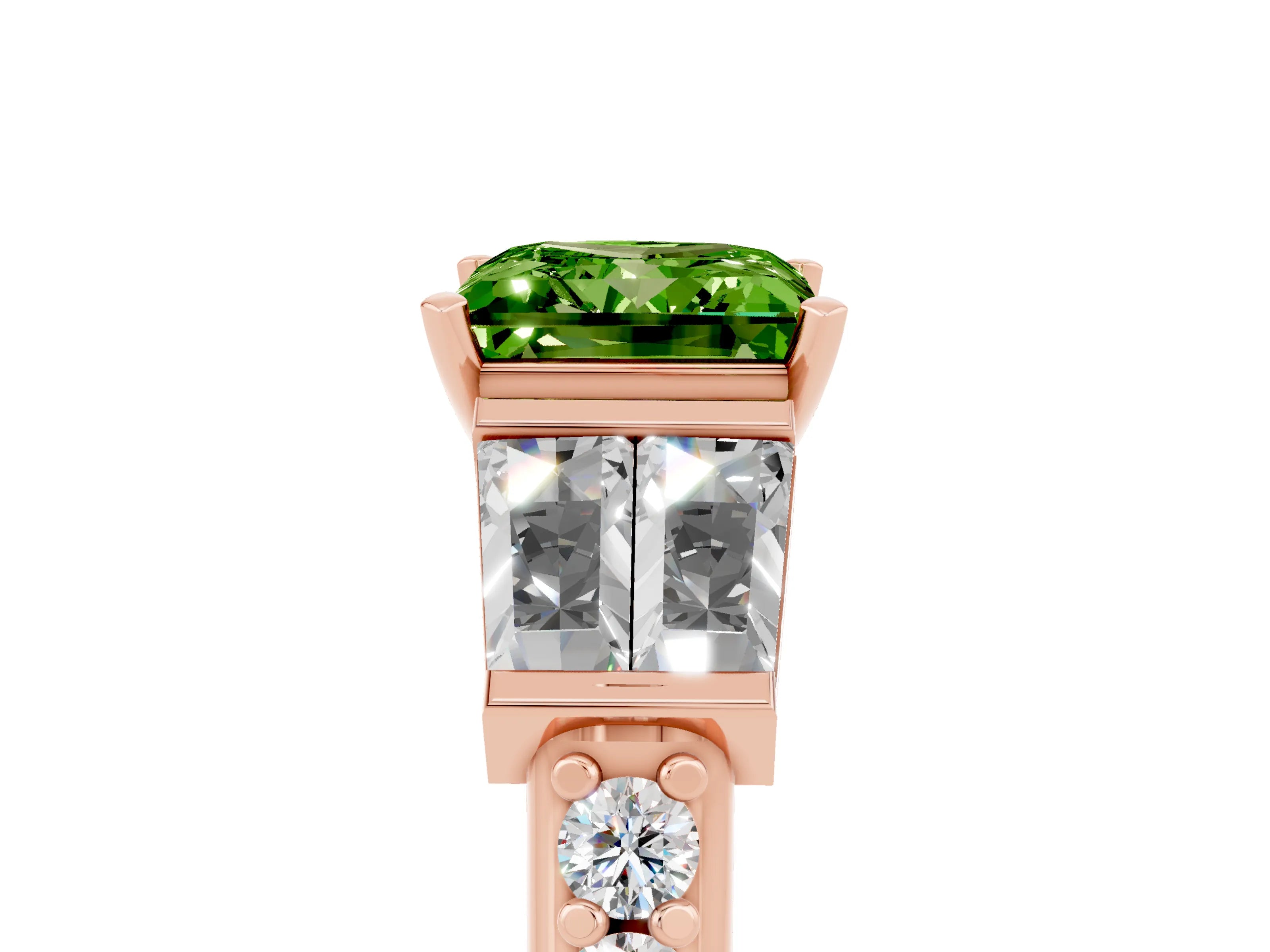 Rose gold Princess Cut Peridot Engagement Ring with Baguette Side Stones and Channel Set Band_5