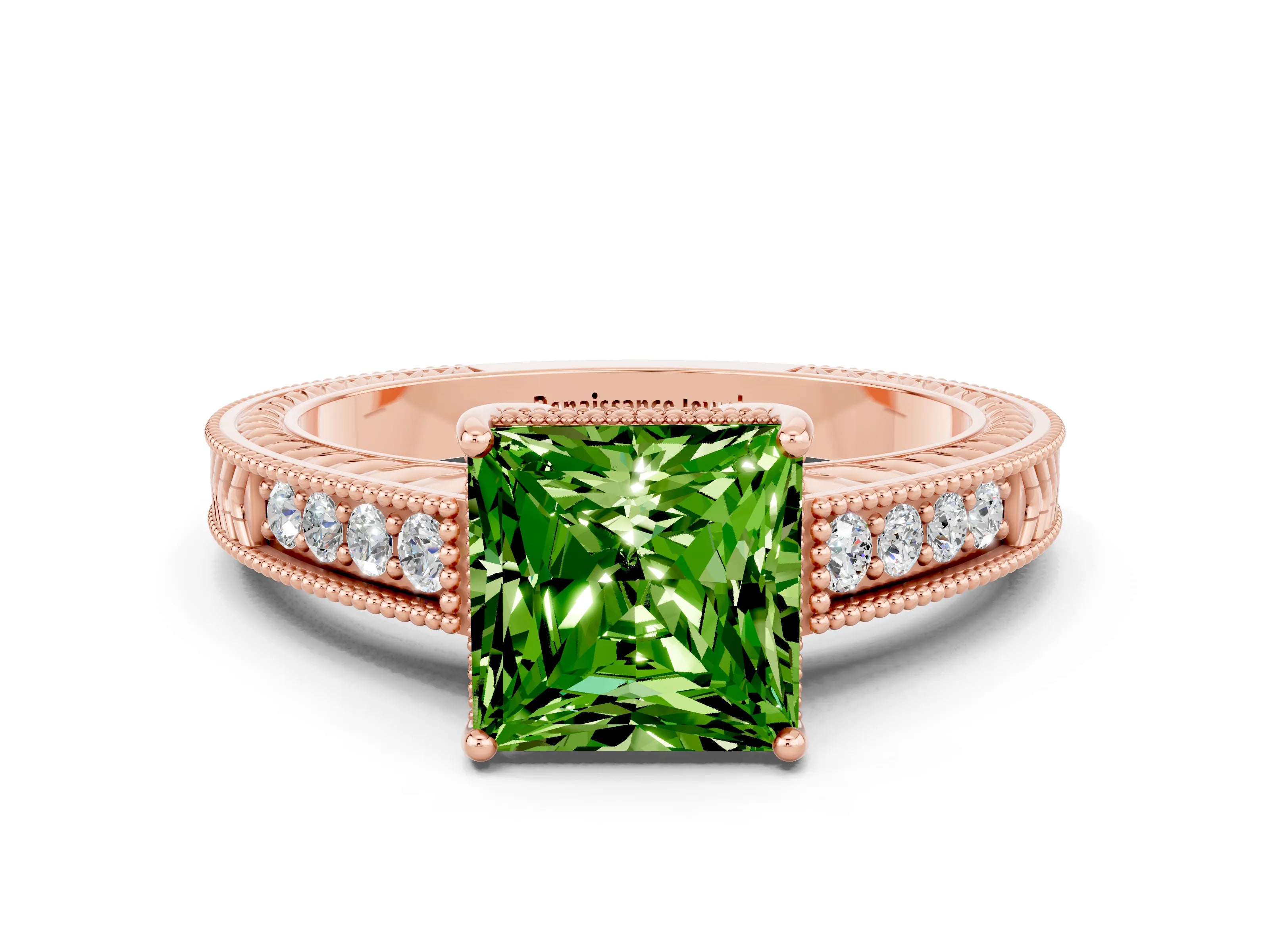 Rose gold Princess Cut Peridot Engagement Ring with Milgrain Channel Set Band and Prong Setting