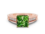 Rose gold Princess Cut Peridot Engagement Ring with Milgrain Channel Set Band and Prong Setting