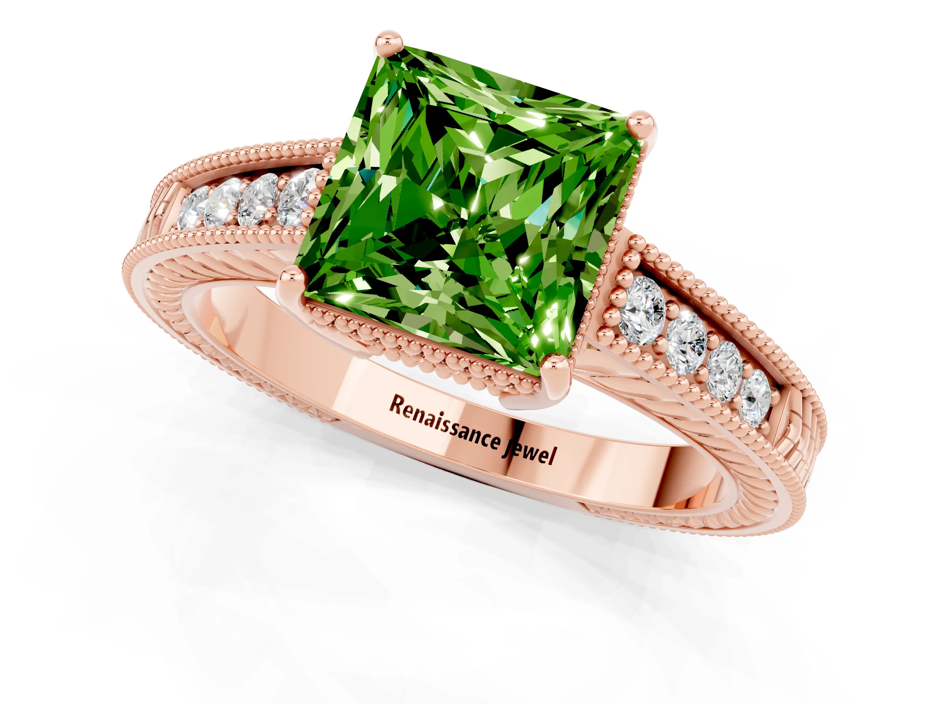 Rose gold Princess Cut Peridot Engagement Ring with Milgrain Channel Set Band and Prong Setting_1