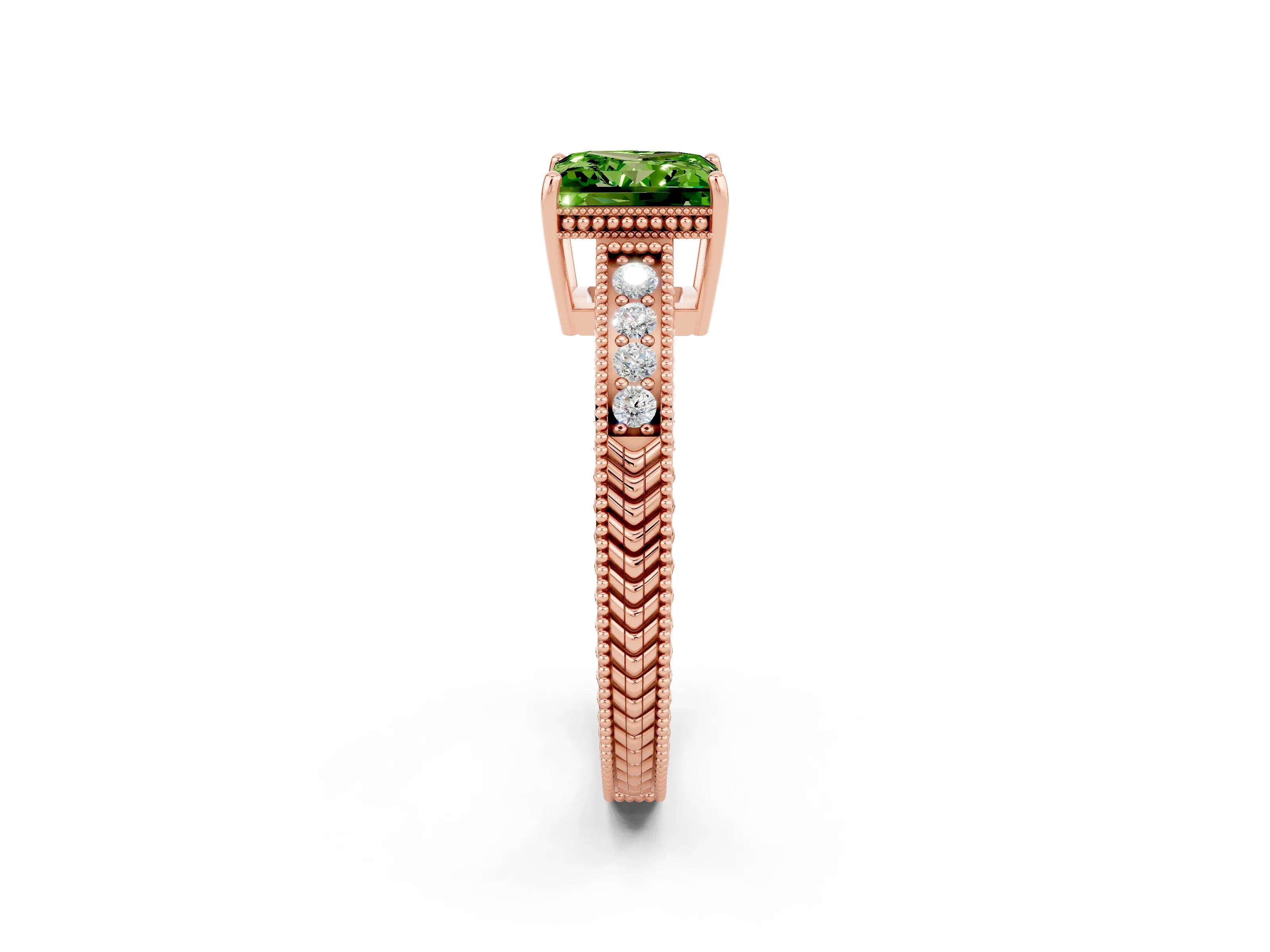 Rose gold Princess Cut Peridot Engagement Ring with Milgrain Channel Set Band and Prong Setting_2