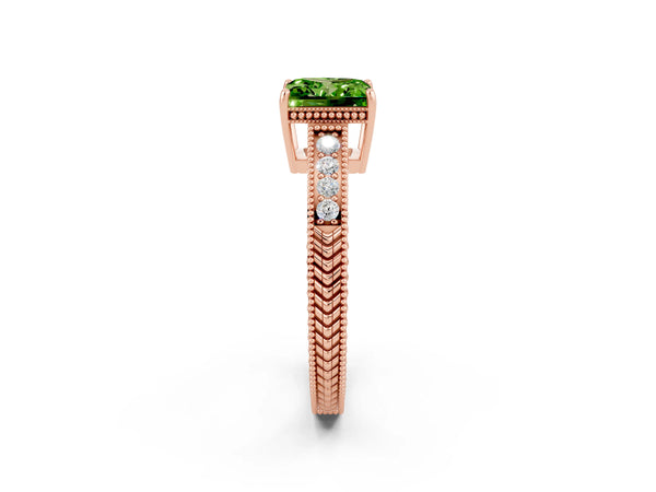 Rose gold Princess Cut Peridot Engagement Ring with Milgrain Channel Set Band and Prong Setting