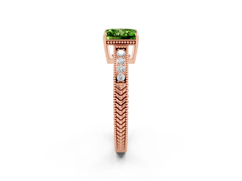 Rose gold Princess Cut Peridot Engagement Ring with Milgrain Channel Set Band and Prong Setting_2